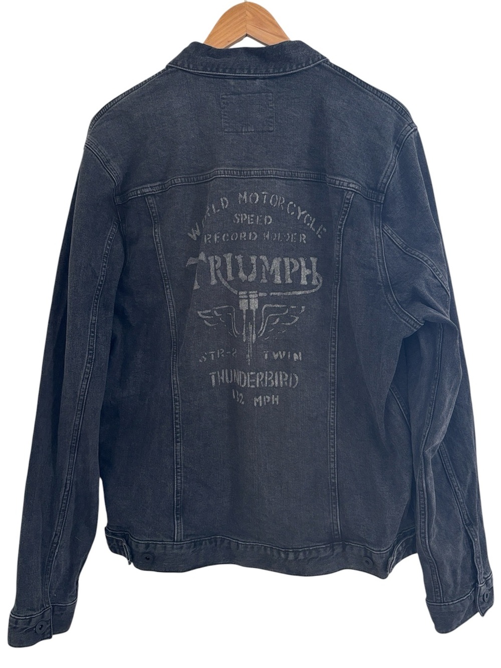 Lucky Brand Triumph Men’s Denim Jean Jacket Trucker Motorcycle Back Graphic XL